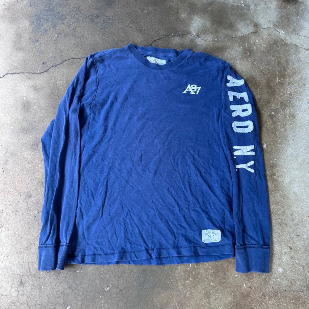 Aeropostale Long Sleeve Shirt Mens Large Blue Good Graphic Embroidered A87 Tee
